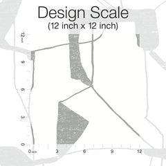 Modern abstract grayscale shapes create the background of the York Wallcoverings Abstract Geo Wallpaper, displayed with labeled vertical and horizontal rulers along the left and bottom edges to indicate a 12 inch by 12 inch scale.