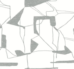 Introduce the brand and product in the description, e.g.: “York Wallcoverings’ Abstract Geo Wallpaper features a rough gray geometric pattern with irregular lines set against a white background, creating a minimalist and modern design.”.