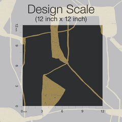 Here’s a rewritten sentence incorporating the product data: A sample of York Wallcoverings’ Abstract Geo Wallpaper displays a 12x12-inch design scale grid with tan abstract lines on a black square, set against a light background featuring similar patterns. Ruler markings appear along the left and bottom edges, with “Design Scale (12 inch x 12 inch)” labeled at the top.