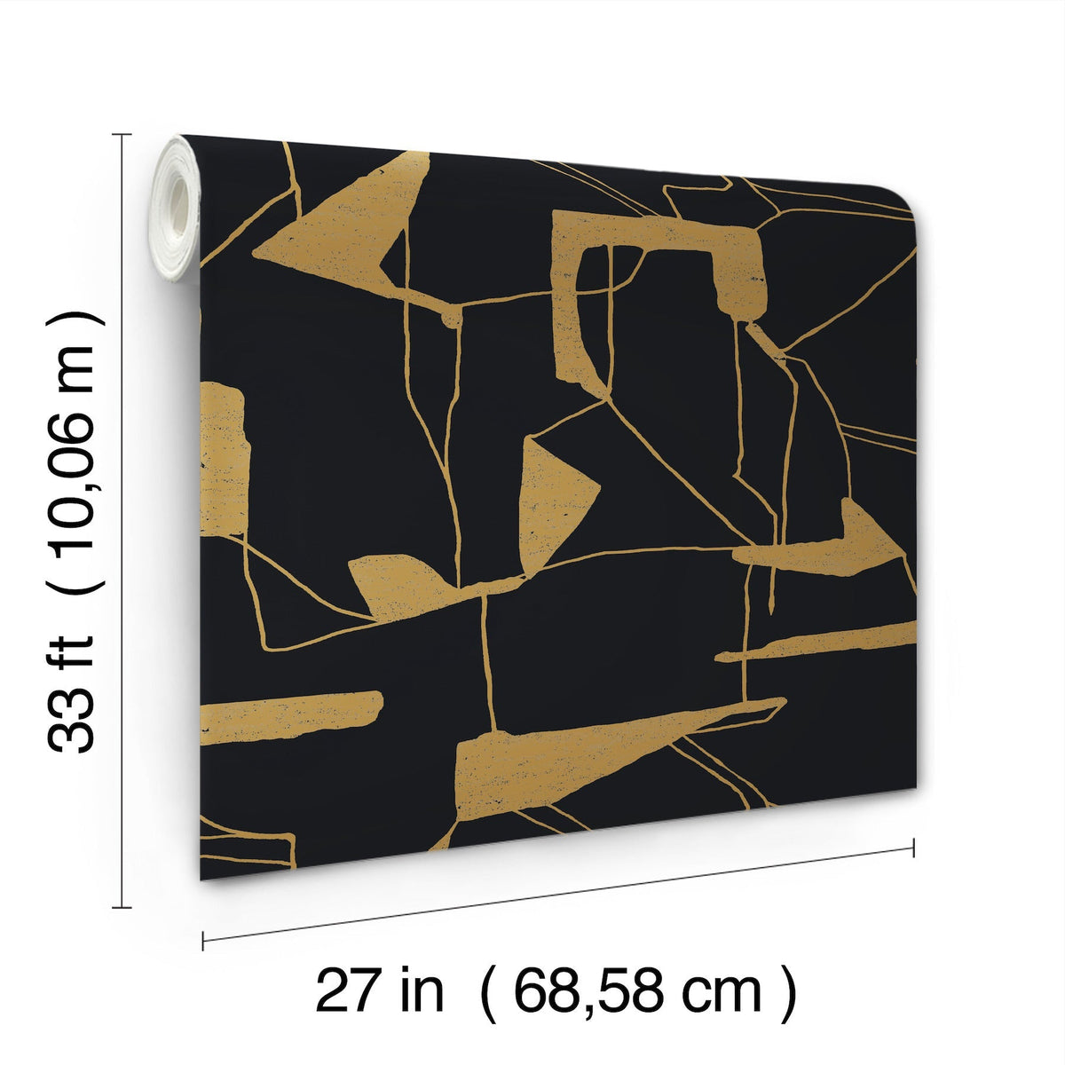 Introducing the Abstract Geo Wallpaper by York Wallcoverings, available in rolls measuring 33 ft (10.06 m) long and 27 in (68.58 cm) wide, and showcasing a striking black background with abstract gold geometric lines and shapes.