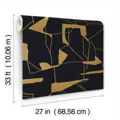 Introducing the Abstract Geo Wallpaper by York Wallcoverings, available in rolls measuring 33 ft (10.06 m) long and 27 in (68.58 cm) wide, and showcasing a striking black background with abstract gold geometric lines and shapes.