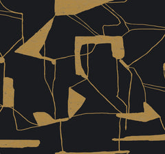 The Abstract Geo Wallpaper by York Wallcoverings features a striking composition of gold lines and textured tan shapes on a black background, creating an irregular, fragmented geometric pattern.