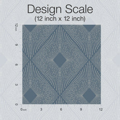Geometric diamond pattern with radiating lines on the Harlowe Wallpaper by York Wallcoverings, shown in a 12 x 12 inch square. Axes along the left and bottom edges mark inches, while the background displays the same pattern in lighter tones.