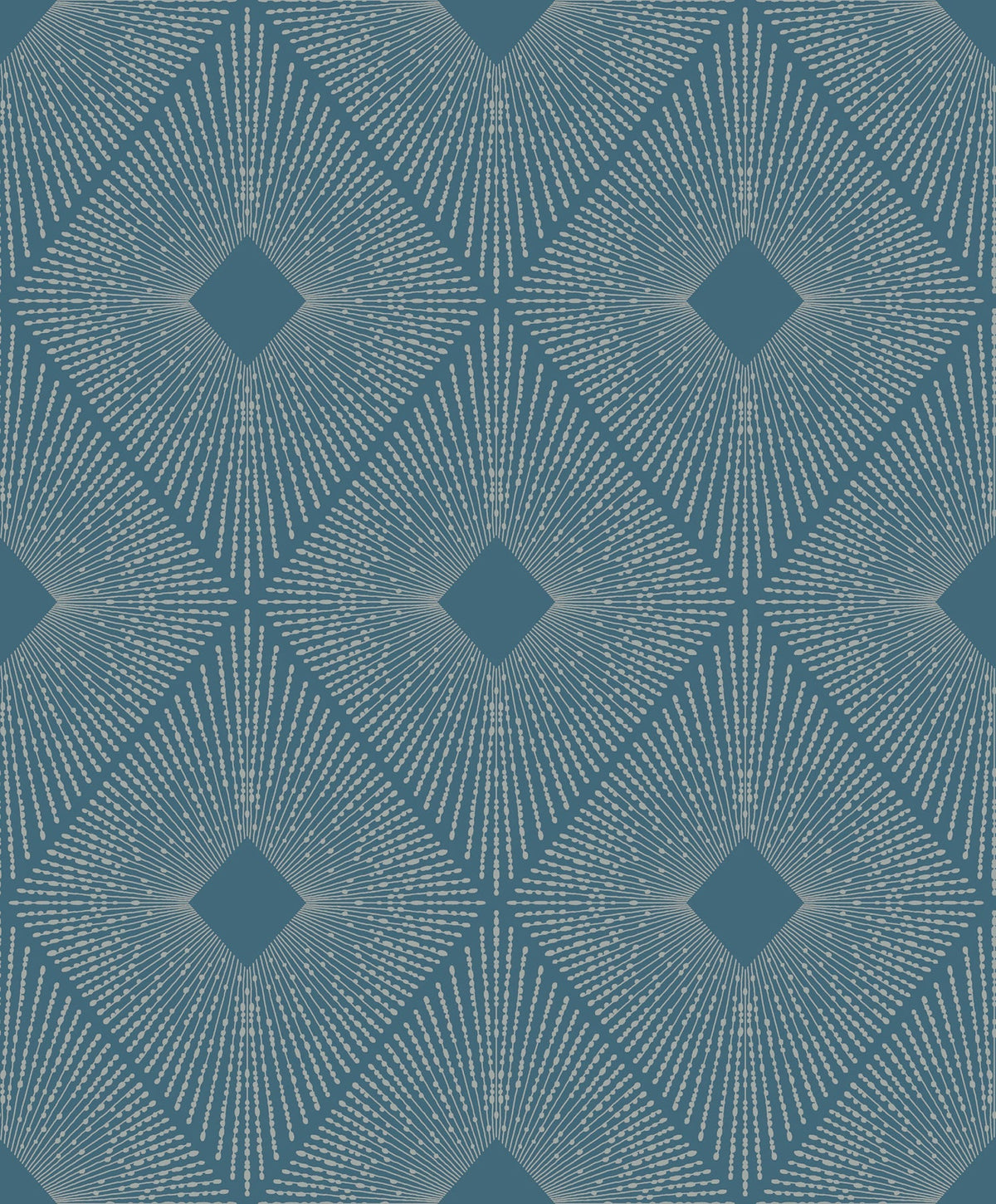 The Harlowe Wallpaper by York Wallcoverings features a blue and white geometric pattern with diamond shapes and radiating lines that create an optical illusion. The symmetrical design repeats seamlessly across the surface.
