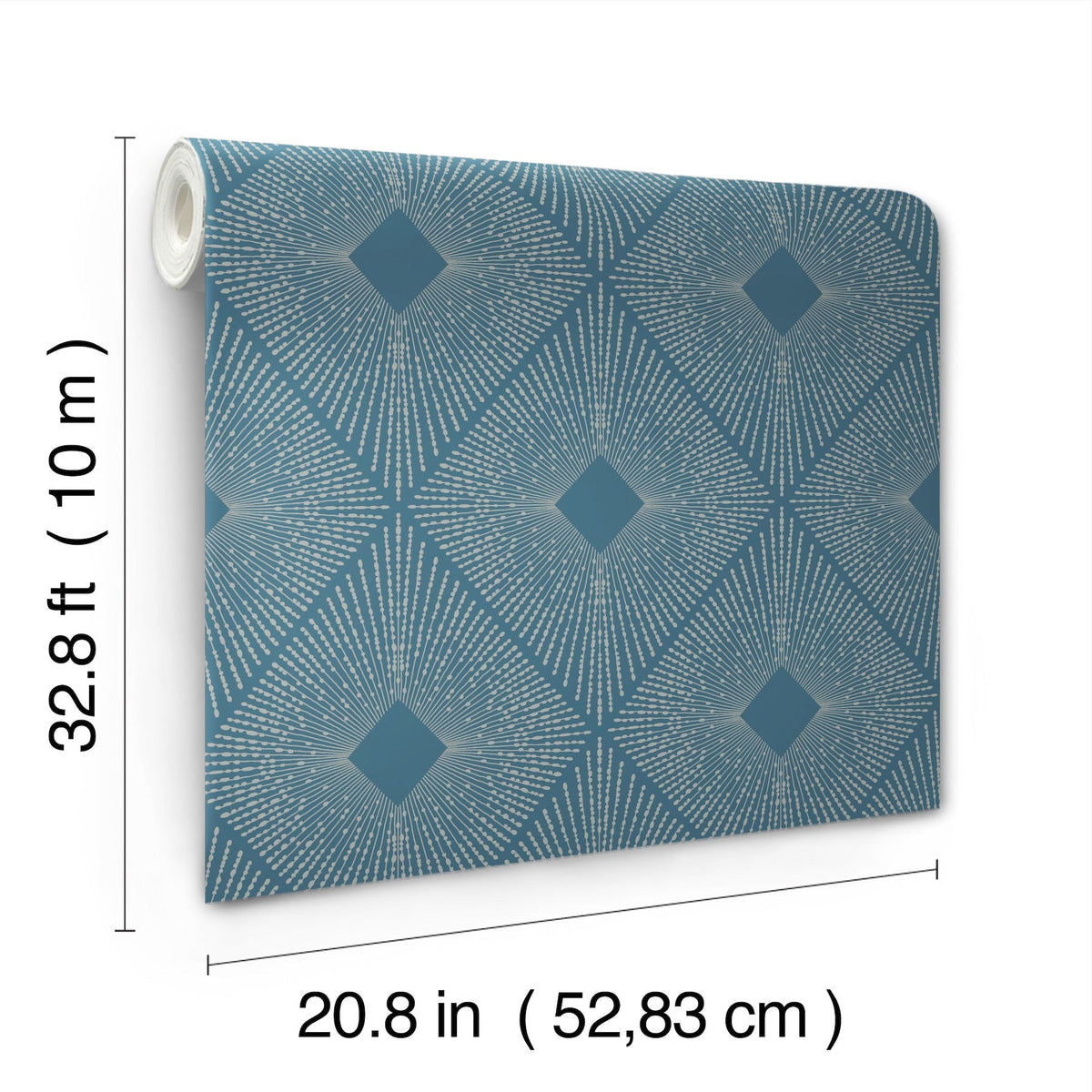 Harlowe Wallpaper by York Wallcoverings is a blue patterned wallpaper featuring white geometric lines. Each roll measures 32.8 ft (10 m) in length and 20.8 in (52.83 cm) in width.