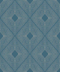 Harlowe Wallpaper by York Wallcoverings features a seamless, repeating grid of white dashed lines forming geometric diamond shapes with deep blue centers, all set against a blue background.