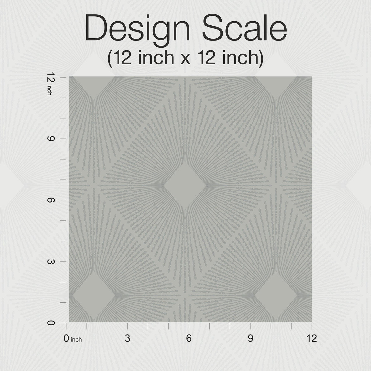 A 12x12 inch square sample of Harlowe Wallpaper by York Wallcoverings displays a geometric pattern with radiating lines and diamond shapes. Ruler scales are visible on the left and bottom edges. Text reads: Design Scale (12 inch x 12 inch).