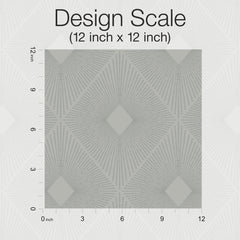 The Harlowe Wallpaper by York Wallcoverings features a 12x12 inch square design with geometric radiating gray lines and diamond shapes, complemented by a scale marked from 0 to 12 inches along the top and left edges.