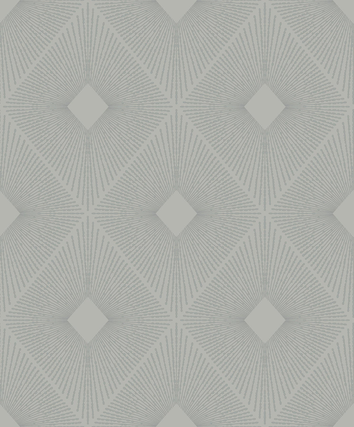 The Harlowe Wallpaper by York Wallcoverings features a geometric diamond pattern created by slender, radiating gray lines on a white background, resulting in a repeating optical illusion effect.