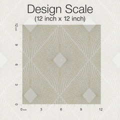 A 12x12 inch square of Harlowe Wallpaper by York Wallcoverings, featuring a geometric pattern of gold lines radiating from four diamond shapes, displayed on a grid with inch markers along the left and bottom edges. “Design Scale” text appears at the top.