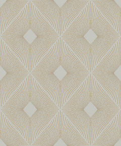 Harlowe Wallpaper by York Wallcoverings features a geometric design with tan lines radiating from diamond-shaped centers, creating a repeating diamond grid on a white background.
