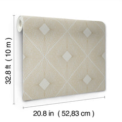 The image displays the Harlowe Wallpaper by York Wallcoverings, featuring a geometric gold and white pattern. The roll measures 32.8 ft (10 m) in length and 20.8 in (52.83 cm) in width, with measurements labeled on the image.