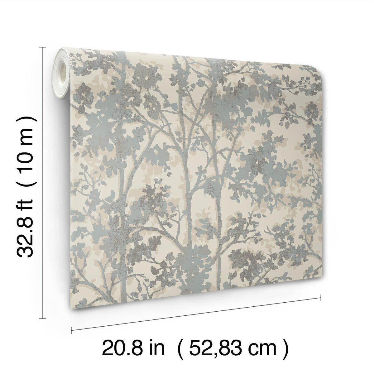 Shimmering Foliage Wallpaper by York Wallcoverings features a gray tree branch pattern and comes in a roll measuring 32.8 ft (10 m) long and 20.8 in (52.83 cm) wide.