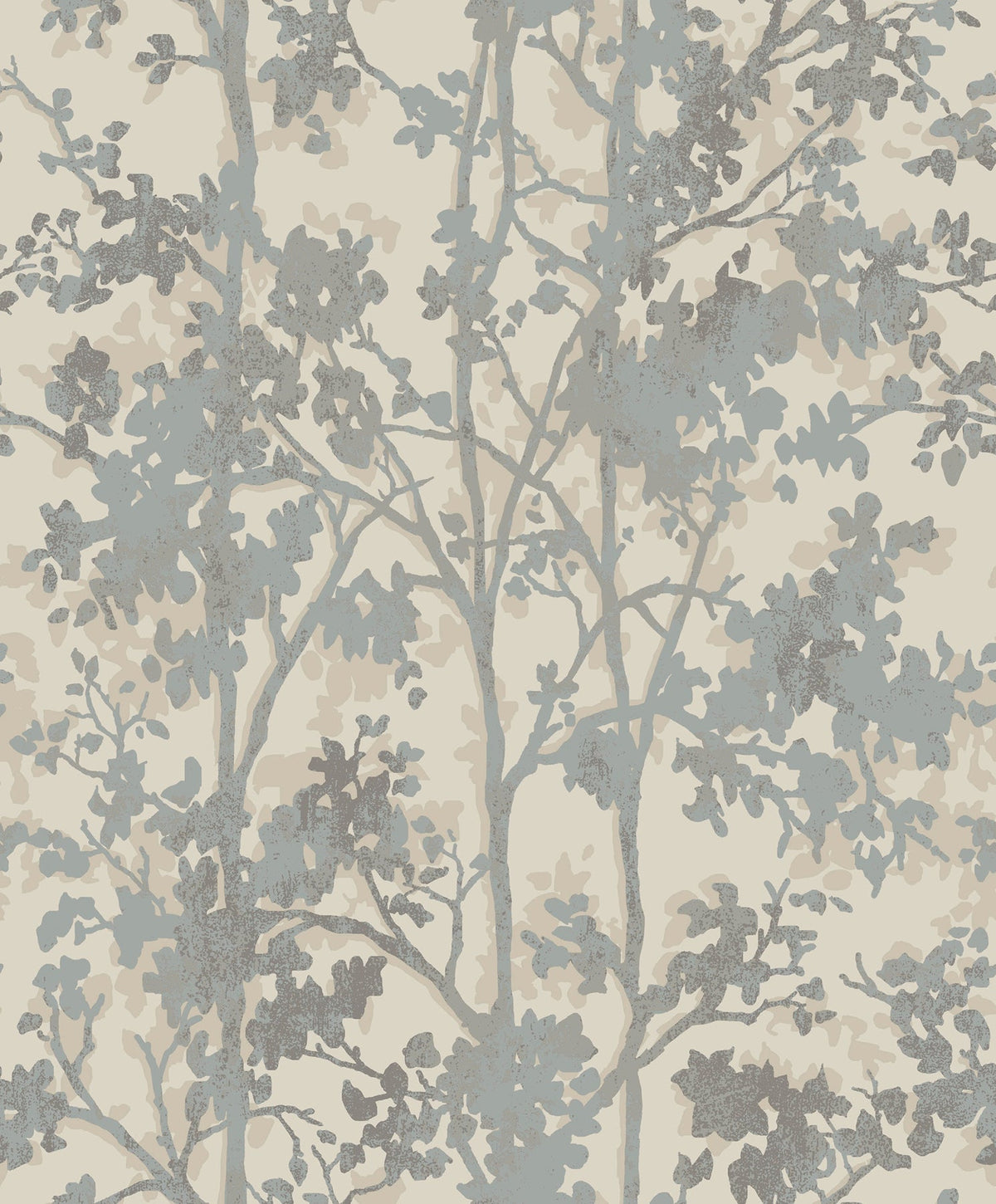 The Shimmering Foliage Wallpaper by York Wallcoverings features a seamless pattern of light gray-blue tree branches and leaves on a cream background, offering a soft, nature-inspired design.