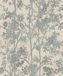 The Shimmering Foliage Wallpaper by York Wallcoverings features a seamless pattern of light gray-blue tree branches and leaves on a cream background, offering a soft, nature-inspired design.