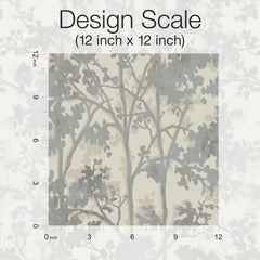 The “Shimmering Foliage Wallpaper” by York Wallcoverings is displayed in a square design with gray and beige tree silhouettes, shown alongside a 12 inch by 12 inch scale grid for reference. Vertical and horizontal rulers mark inches along the edges.