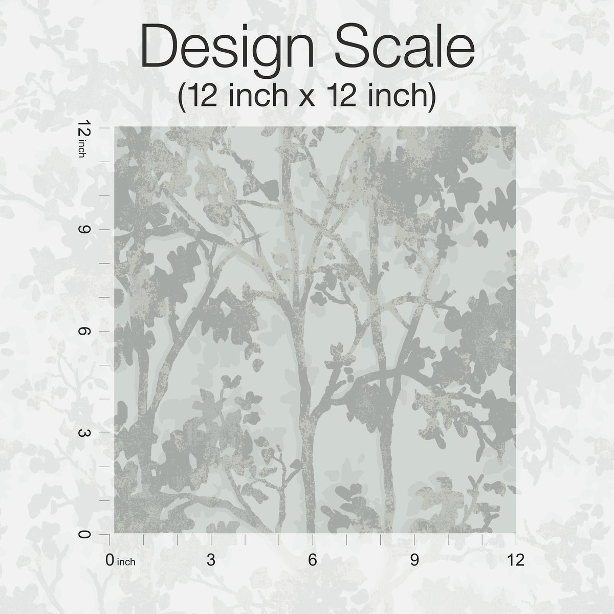 A 12x12 inch square sample of Shimmering Foliage Wallpaper by York Wallcoverings features a tree branch pattern in muted gray tones. A ruler marks inches along the top and left edges, and text at the top reads “Design Scale (12 inch x 12 inch).”.