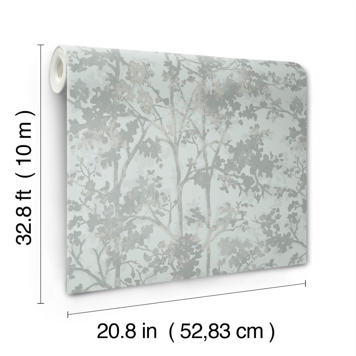 The York Wallcoverings Shimmering Foliage Wallpaper features a gray and white botanical pattern and comes in a roll measuring 32.8 ft (10 m) long and 20.8 in (52.83 cm) wide.