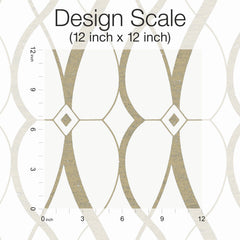 A 12x12 inch square sample of York Wallcoverings’ Graceful Geo Wallpaper, featuring a geometric pattern of interlocking ovals and diamond shapes in beige, taupe, and white, with a ruler scale along the left and bottom edges.