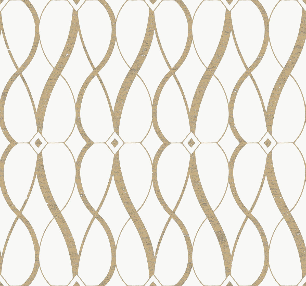 Experience the Graceful Geo Wallpaper by York Wallcoverings, featuring a seamless design of wavy tan lines with a textured finish. These lines interconnect to form elegant diamond and oval shapes on a crisp white background, creating a sophisticated, symmetrical pattern perfect for any space.