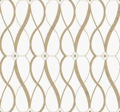 Experience the Graceful Geo Wallpaper by York Wallcoverings, featuring a seamless design of wavy tan lines with a textured finish. These lines interconnect to form elegant diamond and oval shapes on a crisp white background, creating a sophisticated, symmetrical pattern perfect for any space.