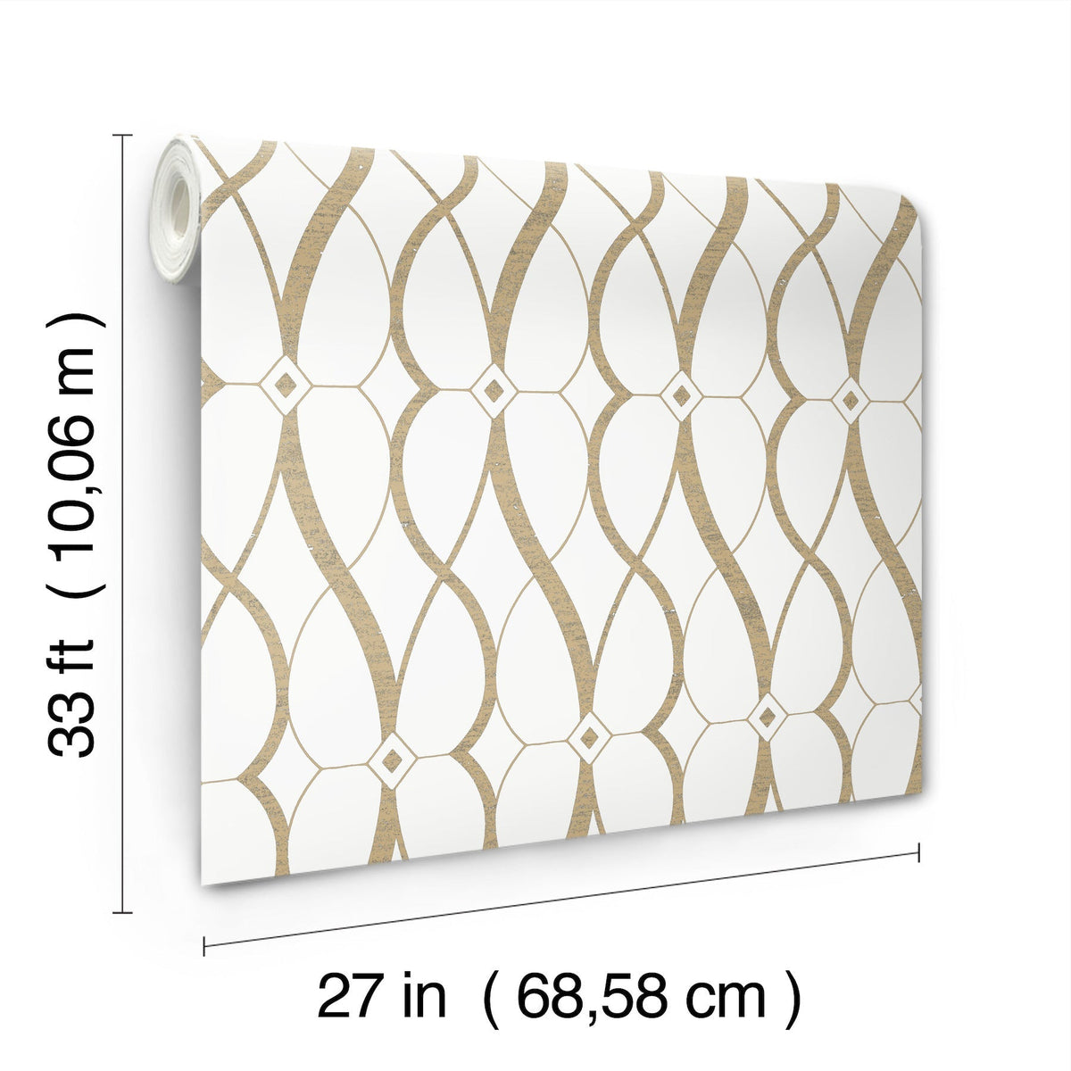 The Graceful Geo Wallpaper by York Wallcoverings features a gold geometric pattern on a white background and comes in a roll measuring 33 feet (10.06 m) long and 27 inches (68.58 cm) wide.