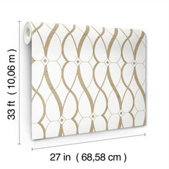 The Graceful Geo Wallpaper by York Wallcoverings features a gold geometric pattern on a white background and comes in a roll measuring 33 feet (10.06 m) long and 27 inches (68.58 cm) wide.