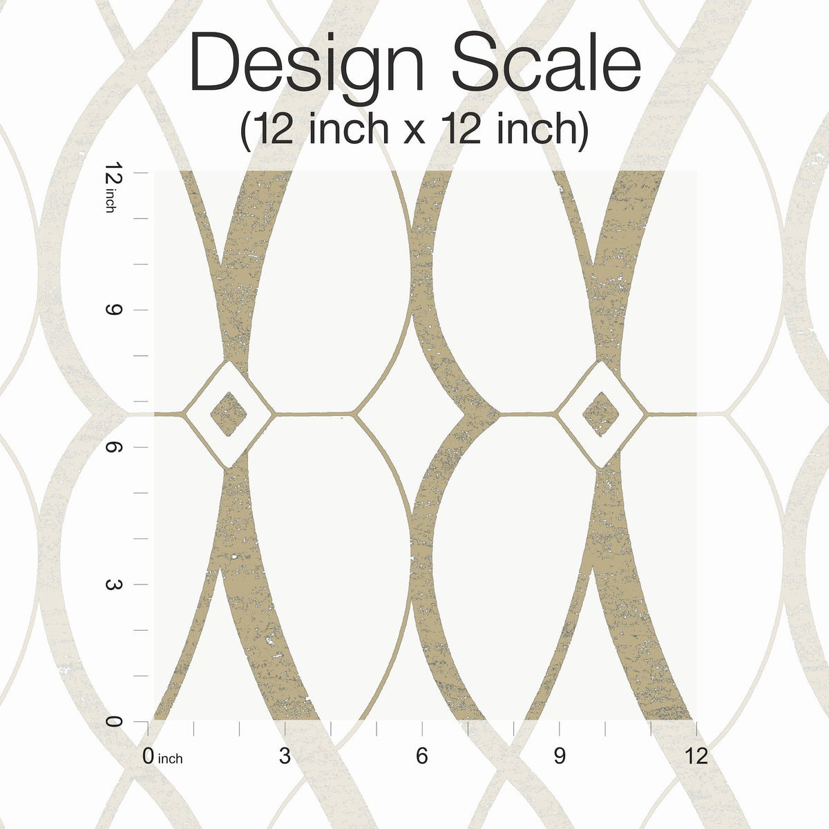 Graceful Geo Wallpaper by York Wallcoverings features a geometric pattern of interlocking ovals in beige and gold tones. A marked 12x12 inch square with rulers along the left and bottom edges displays the design scale, accompanied by text reading “Design Scale (12 inch x 12 inch)”.