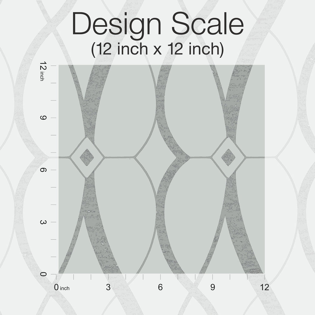 Graceful Geo Wallpaper by York Wallcoverings features a gray geometric pattern with overlapping curved lines and diamond shapes, shown here in a 12 inch by 12 inch scale with rulers marking inches along the left and bottom edges.