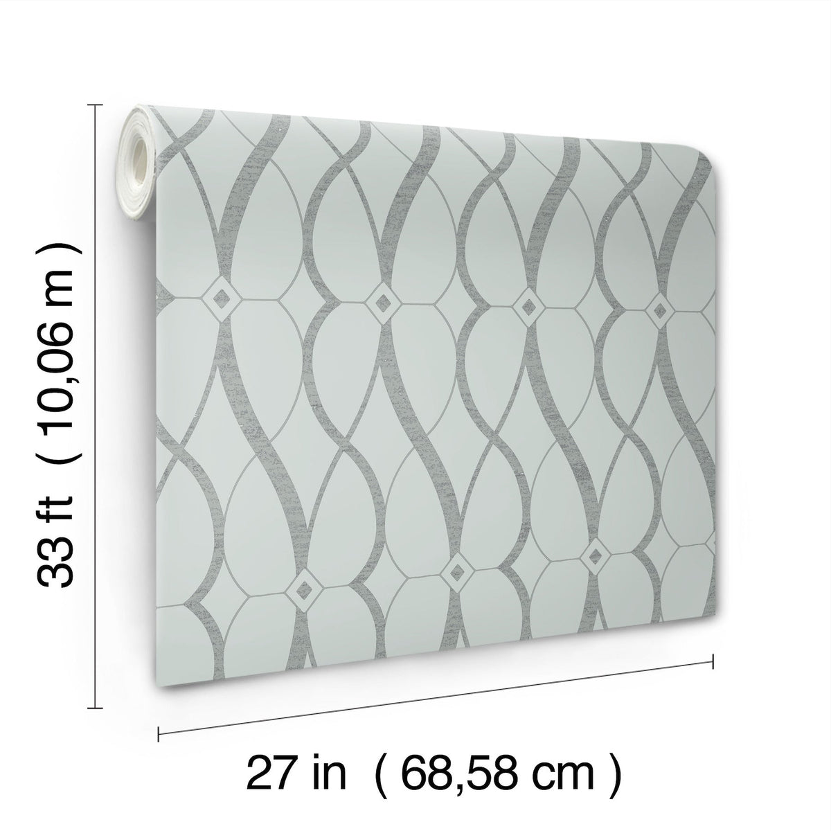 Introducing the Graceful Geo Wallpaper by York Wallcoverings, featuring an elegant pattern of gray curved lines and diamond shapes. Each roll measures 33 ft (10.06 m) in length and 27 in (68.58 cm) in width.