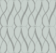Graceful Geo Wallpaper by York Wallcoverings features a repeating, symmetrical design of interlocking gray curves and diamond shapes set against a light background.