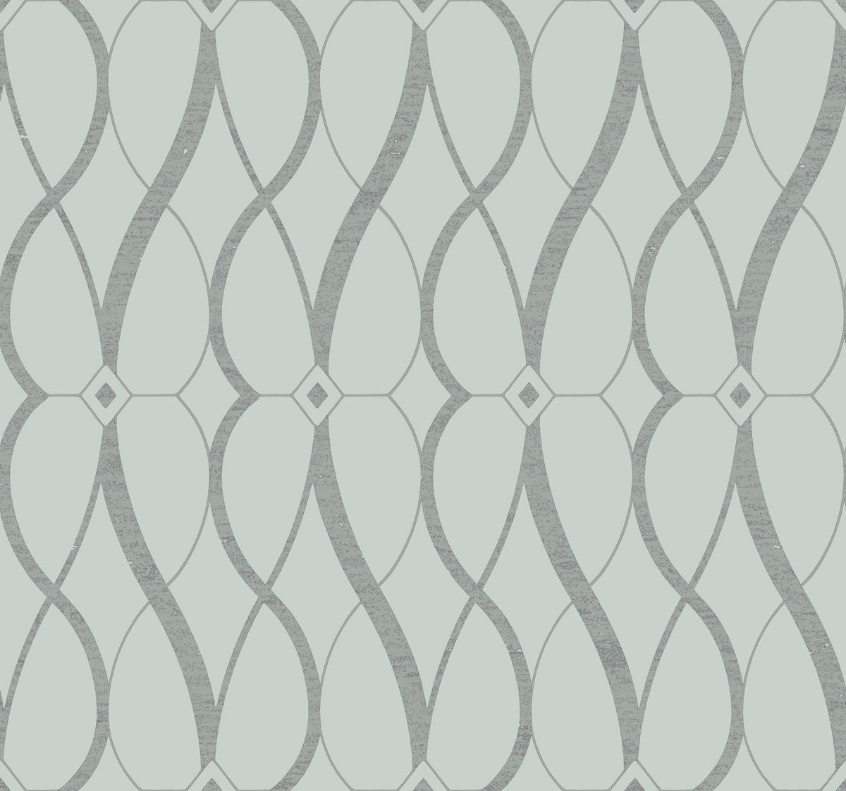 Graceful Geo Wallpaper by York Wallcoverings features a seamless geometric pattern of wavy gray lines forming interlocking ovals and diamond motifs on a light background.