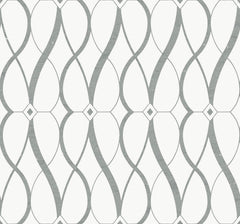 The Graceful Geo Wallpaper by York Wallcoverings features a repeating, symmetrical design of intersecting gray curved lines and diamond shapes on a white background.