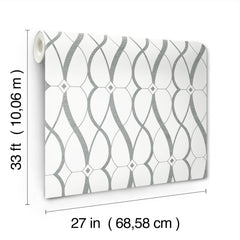 A roll of Graceful Geo Wallpaper by York Wallcoverings features a gray geometric pattern on a white background, measuring 33 ft (10.06 m) in length and 27 in (68.58 cm) in width, with measurement labels displayed on the sides.