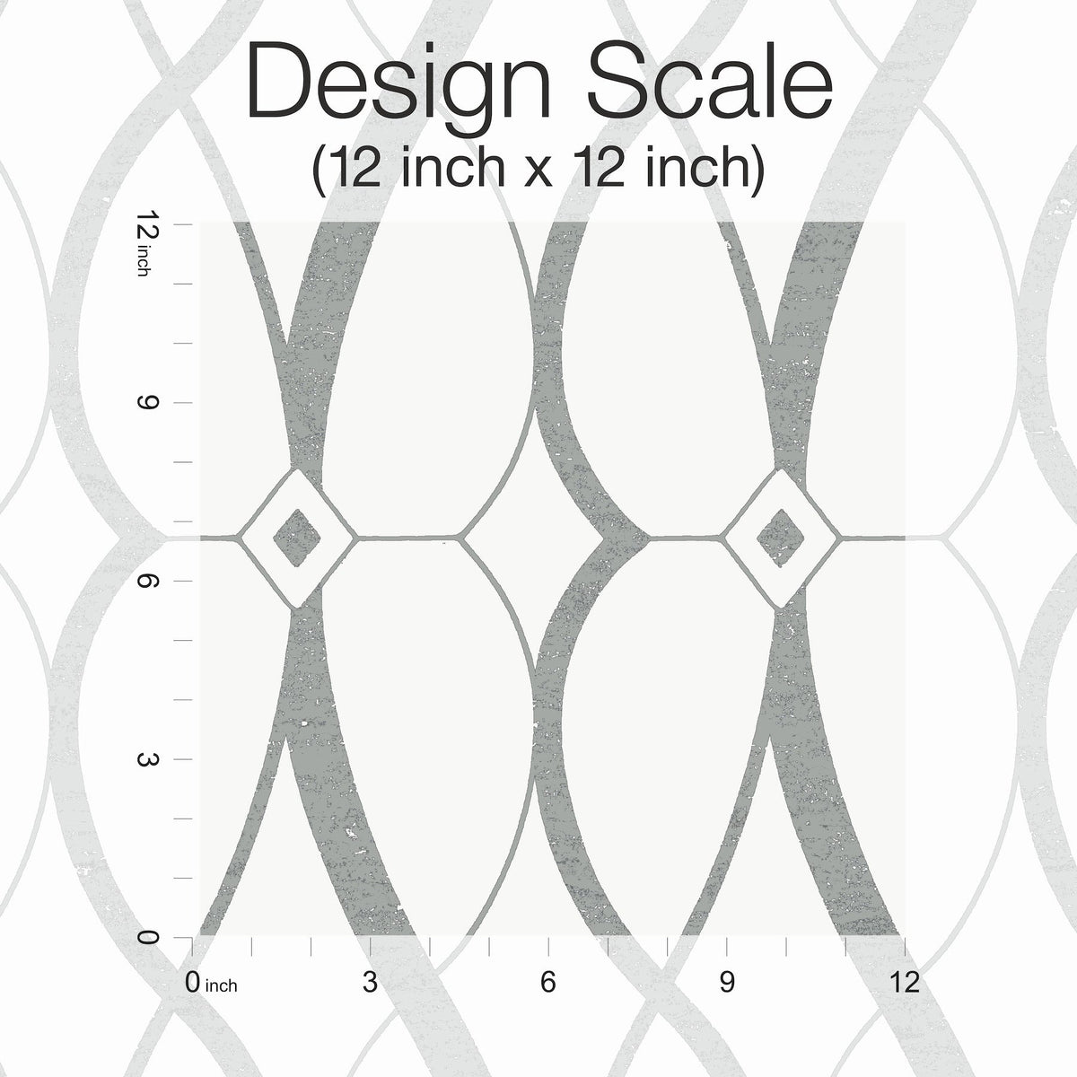The Graceful Geo Wallpaper by York Wallcoverings showcases a 12x12 inch design with gray curved lines forming diamond shapes, accompanied by a measurement scale along the left and bottom edges and “Design Scale (12 inch x 12 inch)” noted at the top.