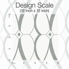 The Graceful Geo Wallpaper by York Wallcoverings showcases a 12x12 inch design with gray curved lines forming diamond shapes, accompanied by a measurement scale along the left and bottom edges and “Design Scale (12 inch x 12 inch)” noted at the top.