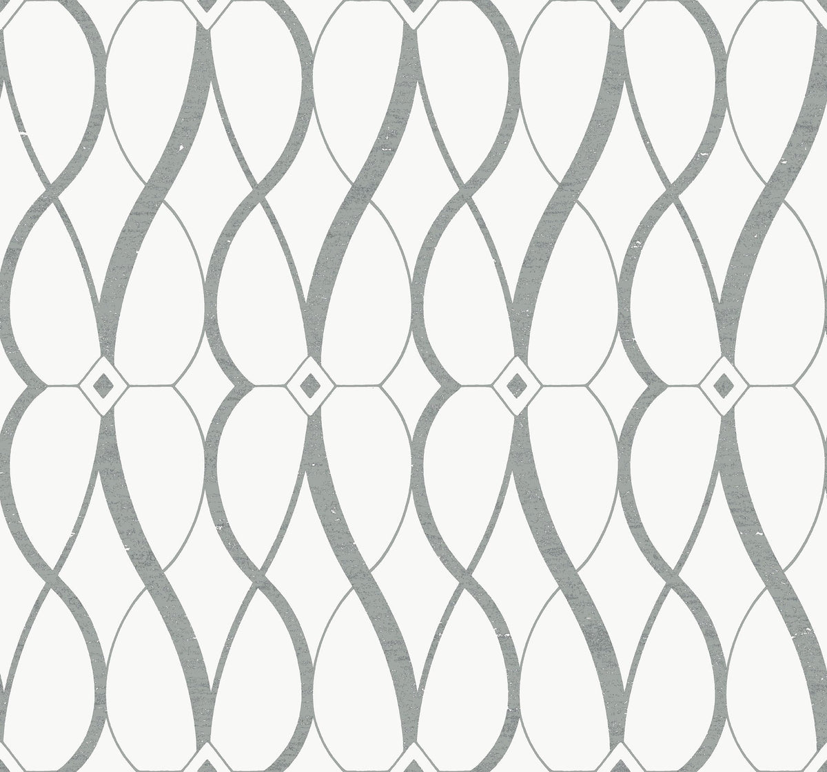 Graceful Geo Wallpaper by York Wallcoverings features a geometric pattern of gray wavy lines forming interlocking diamond and teardrop shapes on a white background, with the design repeating both vertically and horizontally.