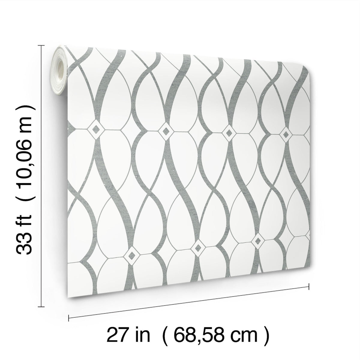 The Graceful Geo Wallpaper by York Wallcoverings features curved gray lines and diamond shapes on a white background. Each roll measures 33 ft (10.06 m) in length and 27 in (68.58 cm) in width.