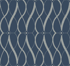 Graceful Geo Wallpaper by York Wallcoverings features a navy blue backdrop adorned with a repeating geometric pattern of curved, intersecting light blue lines that create diamond and oval shapes. The lines have a textured, slightly distressed look.