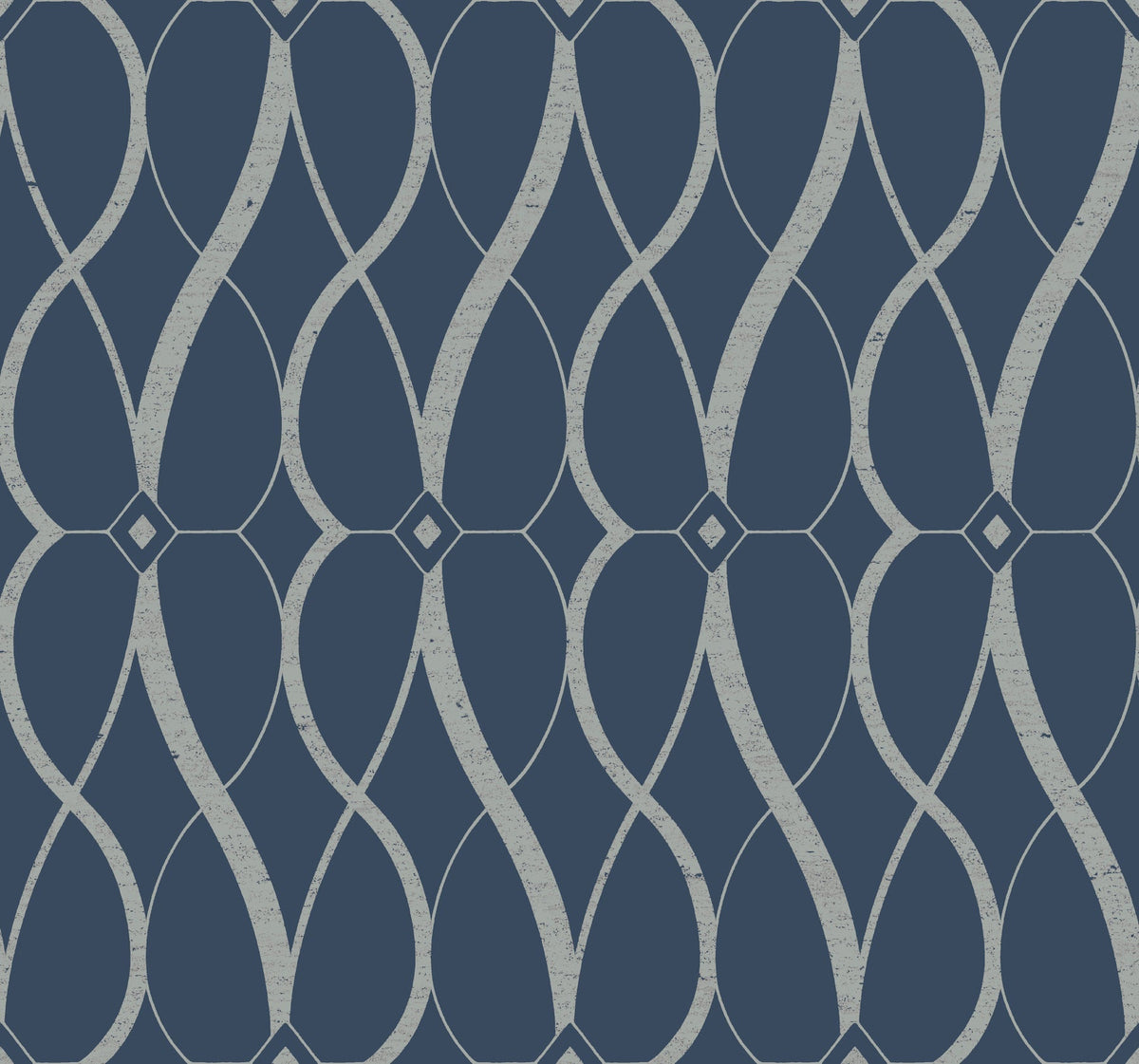 The Graceful Geo Wallpaper by York Wallcoverings features an abstract, symmetrical design of interlocking, curving light blue lines and diamond shapes set against a dark blue background.