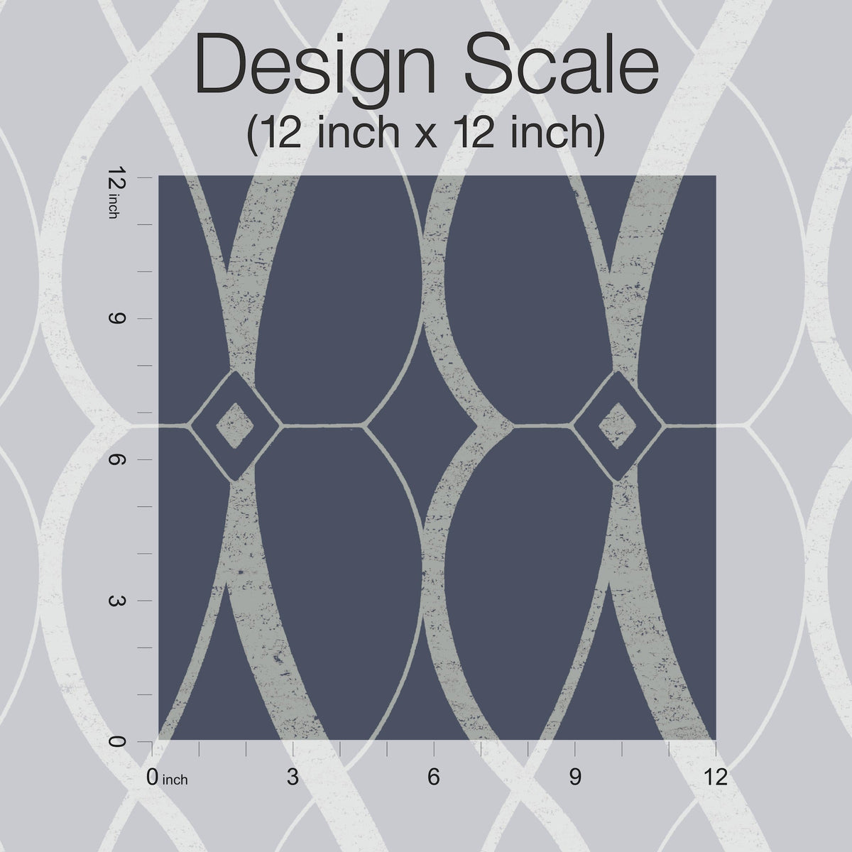 A 12x12 inch square sample of the Graceful Geo Wallpaper by York Wallcoverings displays a geometric pattern featuring curved and straight lines intersecting diamond shapes, shown on a grid for scale reference. Text reads Design Scale (12 inch x 12 inch).