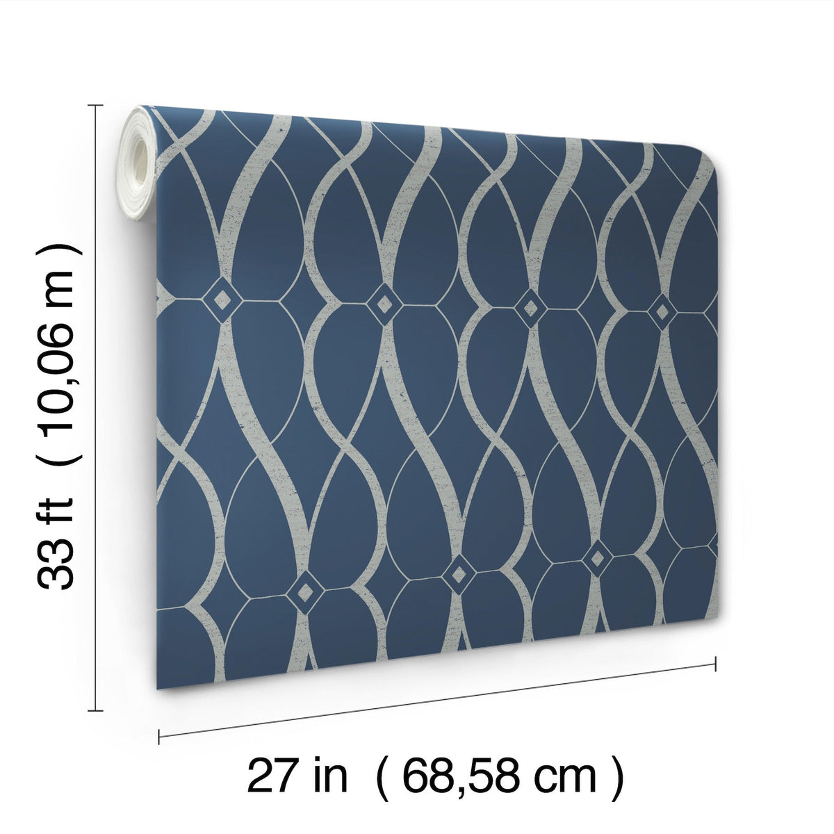 Graceful Geo Wallpaper by York Wallcoverings features a blue and silver geometric interlocking oval pattern. Each roll measures 33 feet (10.06 meters) in length and 27 inches (68.58 cm) in width.