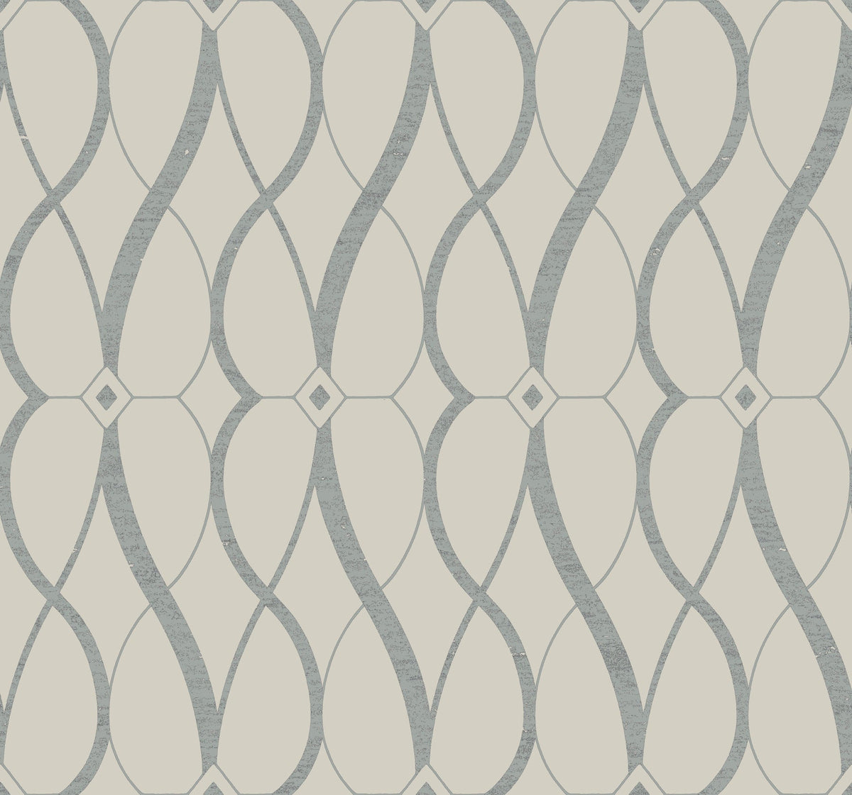 Graceful Geo Wallpaper by York Wallcoverings features a repeating, symmetrical geometric design of light gray curved lines forming interconnected vertical wave patterns over a cream background, with small diamond shapes accenting the intersections.