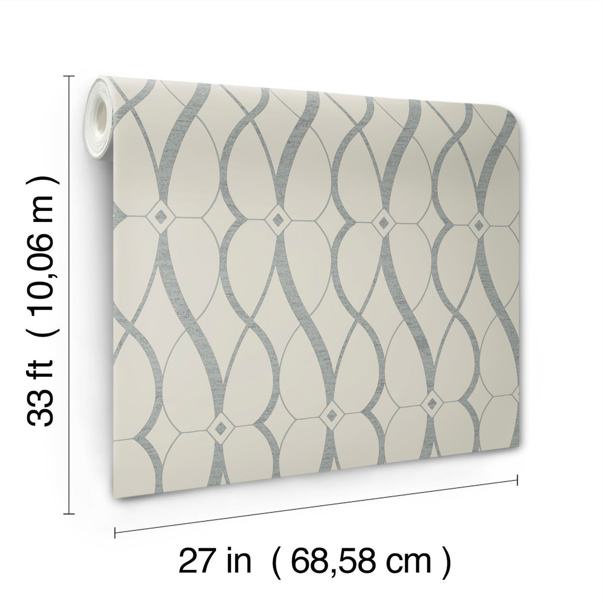 Graceful Geo Wallpaper by York Wallcoverings features a gray geometric pattern and comes in a roll measuring 33 ft (10.06 m) long and 27 in (68.58 cm) wide.