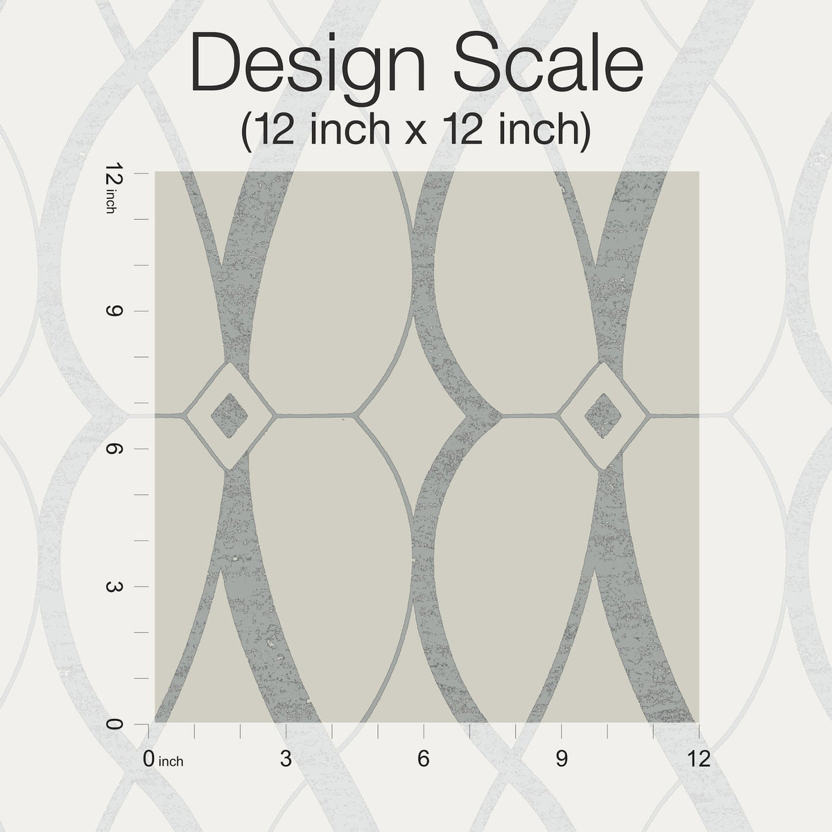 A 12x12 inch square sample of York Wallcoverings’ Graceful Geo Wallpaper displays a geometric pattern with curved gray lines and diamond shapes. Vertical and horizontal rulers along the edges mark each inch, and the text reads “Design Scale (12 inch x 12 inch)”.