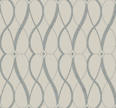 The Graceful Geo Wallpaper by York Wallcoverings features a repeating geometric pattern of gray wavy lines and diamond shapes set against a light cream background, creating a modern and symmetrical design.