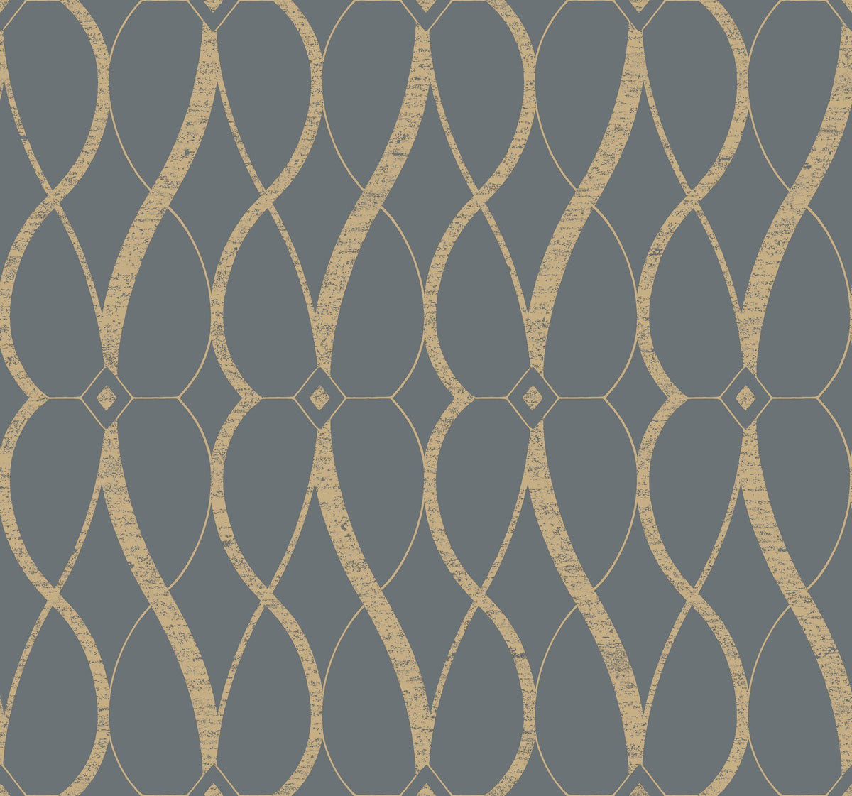 Introducing the Graceful Geo Wallpaper by York Wallcoverings, featuring a mesmerizing geometric pattern of gold wavy lines and diamond shapes set against a blue-gray backdrop. The symmetrically curving lines form an elegant, abstract design with a textured metallic finish.