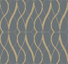 Introducing the Graceful Geo Wallpaper by York Wallcoverings, featuring a mesmerizing geometric pattern of gold wavy lines and diamond shapes set against a blue-gray backdrop. The symmetrically curving lines form an elegant, abstract design with a textured metallic finish.