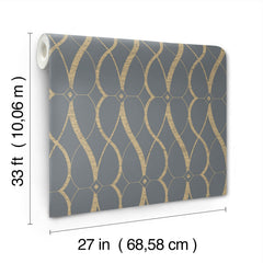 The Graceful Geo Wallpaper by York Wallcoverings features a gold geometric pattern on a gray background and comes in a roll measuring 33 feet (10.06 m) long and 27 inches (68.58 cm) wide.