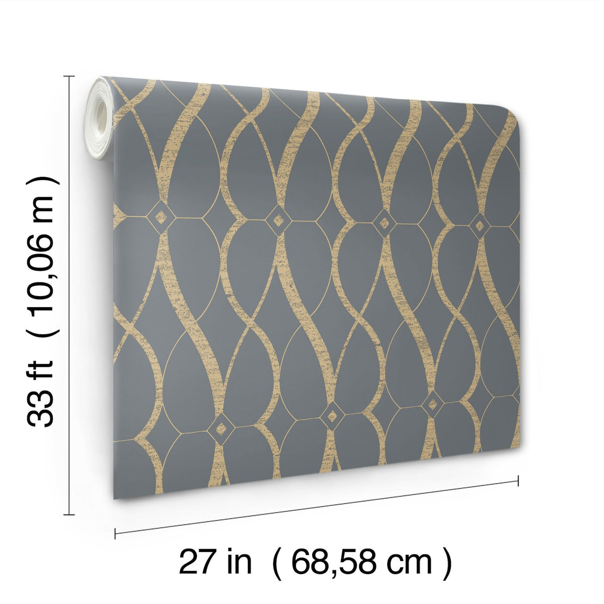 The Graceful Geo Wallpaper by York Wallcoverings features a gold geometric pattern on gray and comes in a roll measuring 33 feet (10.06 m) long by 27 inches (68.58 cm) wide.